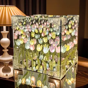 Tulip Night Light Led,DIY Magic Cube Tulips Flower Table Lamp 20 Flowers Decorative Nights Lamp ,Handmade and Mirror 2 In 1, for Mothers Day Valentine's Day Birthday Gifts Bedroom Decor
