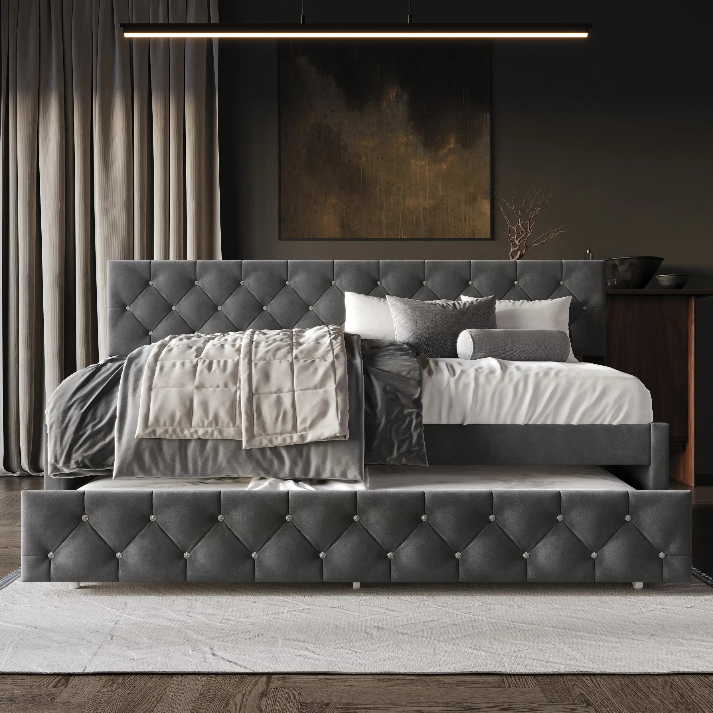 Favorer Darcey Luxurious Velvet Upholstered Daybed with Pull-Out Trundle, Diamond Button Tufted, Easy Assembly, Platform Bed Frame Compatible Design