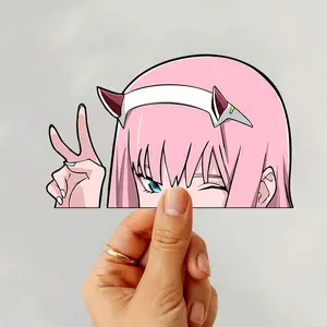 Zero Two Chibi Vinyl Sticker, Darling in the Franxx Anime Decal, Cute Peace Sign Sticker, Waterproof Laptop Phone Sticker