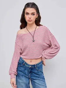 CiderCotton-blend Asymmetrical Neck Stripe Oversized Crop Sweatshirt