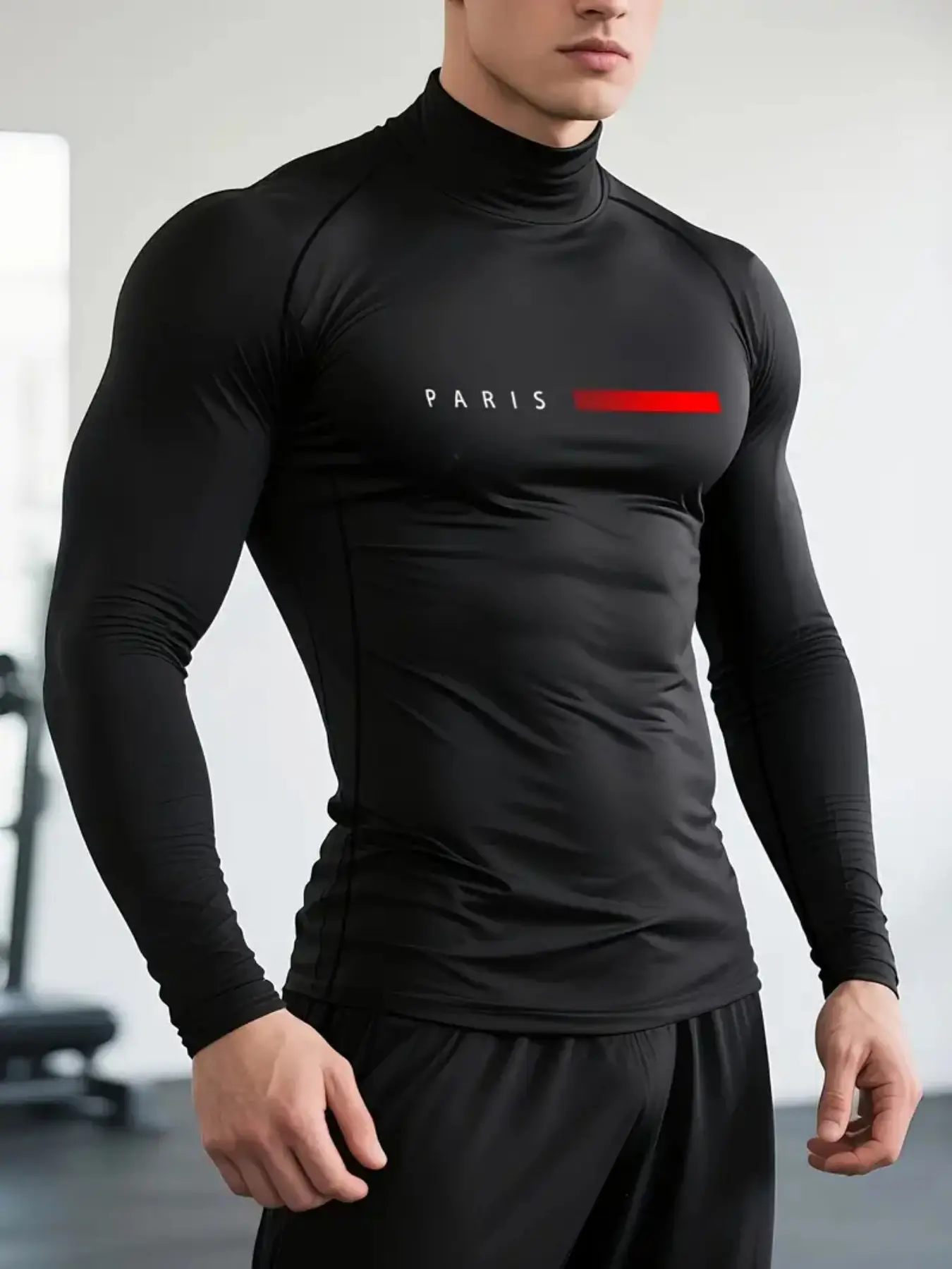 Men's Muscle-Fit Compression T-Shirt - High Neck Sports Top, Fitness Top with Paris Print, Breathable Stretch Fabric, Designed for Outdoor Workouts, Running & Training, Athletic Compression Shirts, Compression Tops, Breathable Activewear, Fitness Clothing