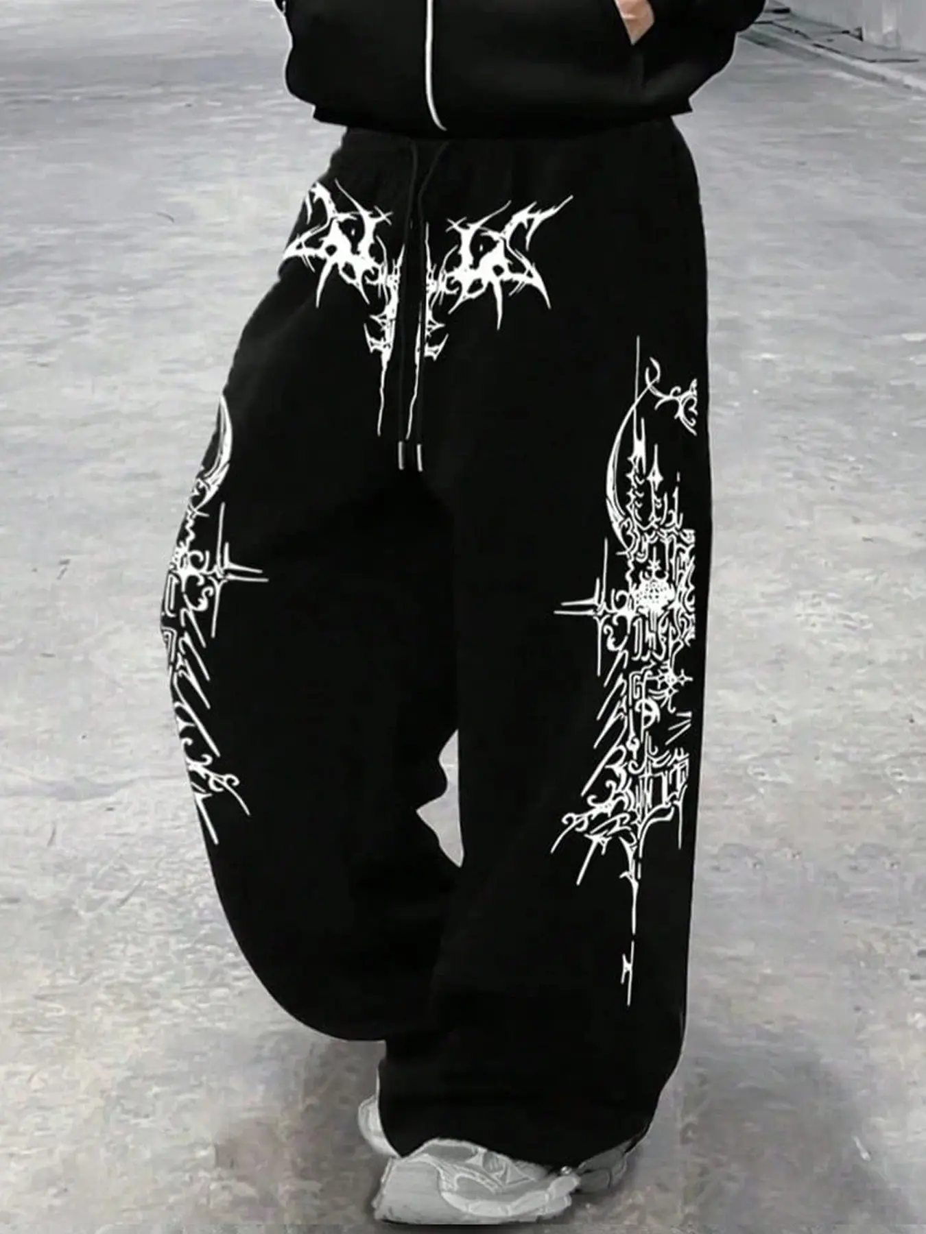 Unisex Cyber Tribal Abstract Thorn Wide Leg Sweatpants, Casual Streetwear Trousers, Gothic Print Drawstring Waist, Adjustable, Soft Fabric, Y2K Street Style, Chic Casual Bohemian, Boho Fashion Trousers, Fit