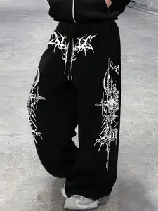 Unisex Cyber Tribal Abstract Thorn Wide Leg Sweatpants, Casual Streetwear Trousers, Gothic Print Drawstring Waist, Adjustable, Soft Fabric, Y2K Street Style, Chic Casual Bohemian, Fit