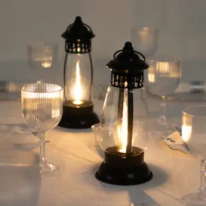 4 Pack 10" Black Vintage LED Hanging Lanterns, Battery-Operated Metal Hurricane Lamps for Outdoor and Indoor Use