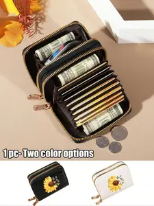 New Dual Zipper Wallet Card Holder, Fashion Handbag, Sunflower Daisy Butterfly Design, Waterproof PU Material, Large Capacity, Money Organizer