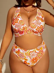Plus Size Floral Print High Waisted Bikini - Summer Beach Swimsuit - Flattering Fit & Trendy Style