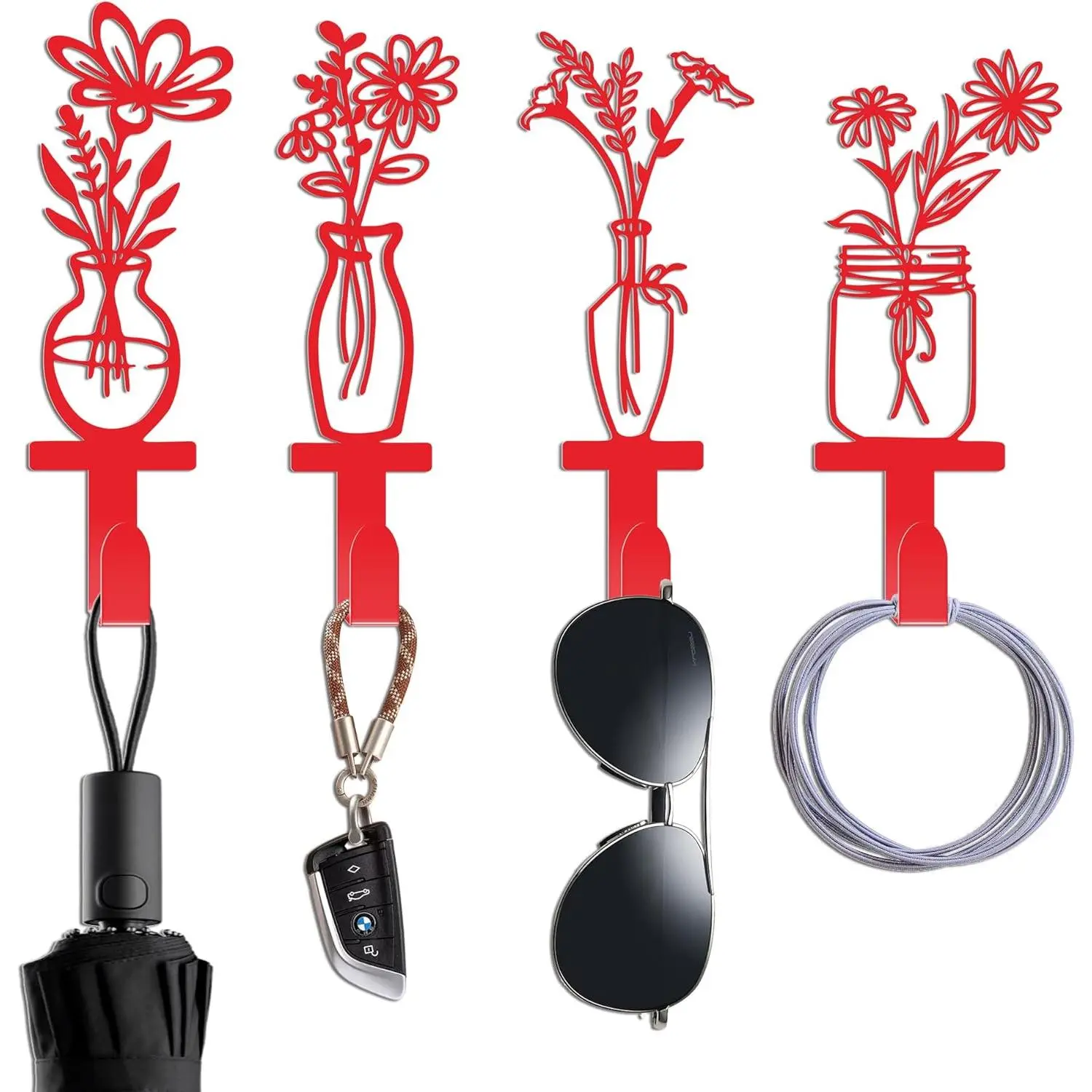 Decorative Wall Hooks, Metal Flowers Wall Decor with 4 Towel Hooks - Floral Vine Bathroom Hooks for Towels & Coats, Vintage Kitchen & Entryway Organizer-Red