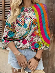 Spring and summer, round neck hollow-out loose short batwing sleeve blouse, collision color rainbow stitching print ladies knit blouse, holiday style, Casual, commuting, women's vest blouse, Tops