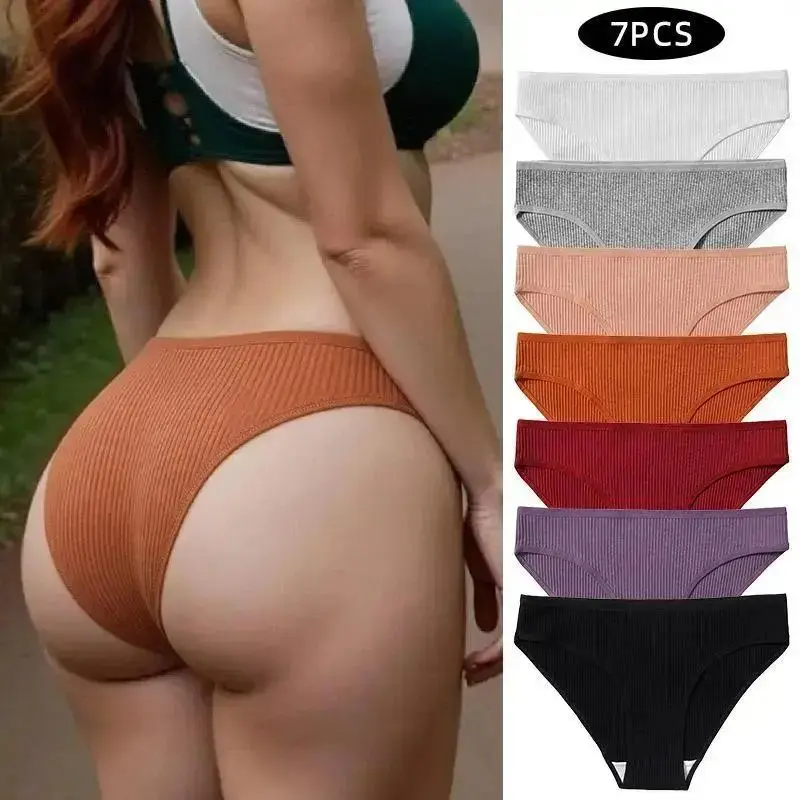 7 Pack Women’s Ribbed Cotton Mid Rise Triangle Briefs, Soft Stretchy Breathable Underwear With Cotton Liner, Full Coverage Comfort Panties Multi Color Set For Daily Loungewear Casual Everyday Wear