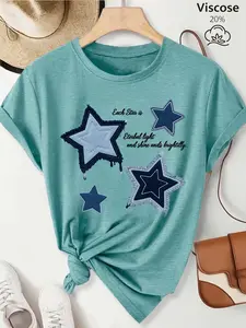 Women's Casual Short-Sleeve Crew Neck T-Shirt, Denim Patch Stars with Inspirational Slogan Print, Multiple Colors Available, Machine Washable, Spring & Summer Top, Soft Skin-Friendly Fabric, Daily Versatile, Fashion Design
