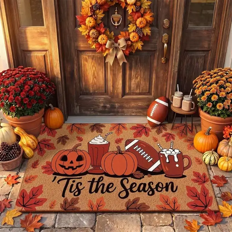 Halloween PVC Surface Pumpkin Face Doormat - Ornamental Stylized Doormat for Indoor Entry, Halloween Door Decor, Front Door Household Textile Rug, Front Door Decor