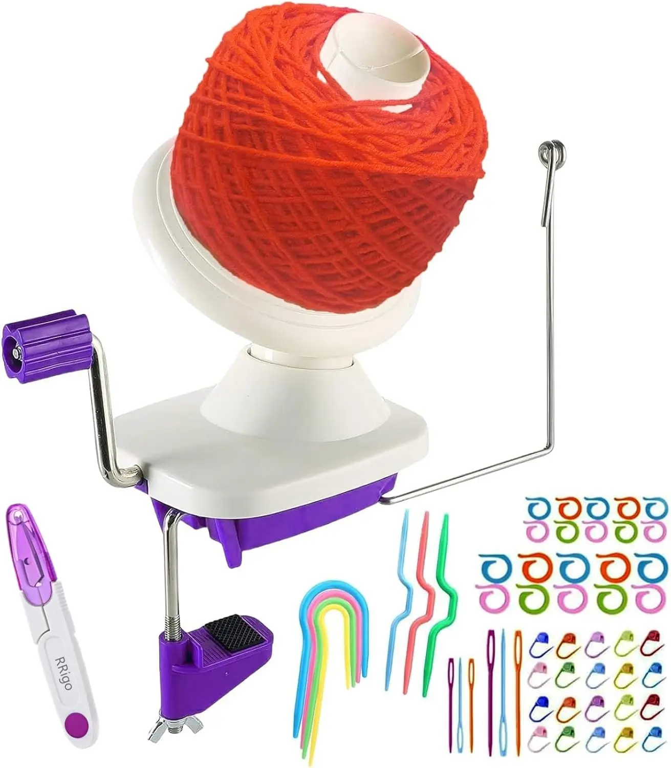 Yarn Ball Winder, Convenient Purple Yarn Winder for Yarn, Ball Winder Combo with Easy Installation for Yarn Storage + 53 Pieces Stitch Knitting Needles + 1 Pieces Scissors Gift