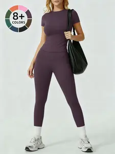 Girls' Sporty Seamless 2-Piece Set, Casual Solid Color Top & High-Waisted Leggings, Comfortable Performance Wear for All Seasons