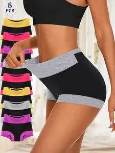 8 Pieces of Women's High Waist Cotton Boyshorts Underwear with Stretchy Waistband & Double Layer Crotch Soft Breathable Underwear for Everyday Wear & Postpartum and Shaping Support Comfortable Soft Stretch Panties with Tummy Control, Multicolor Fashion