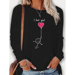 2026 New Women's Valentine's Day Long Sleeve T-Shirt, Round Neck, with Heart Pattern Applique, Regular Fit Knitted Long Sleeve Top, Suitable for All Seasons - Casual Love Theme Clothing