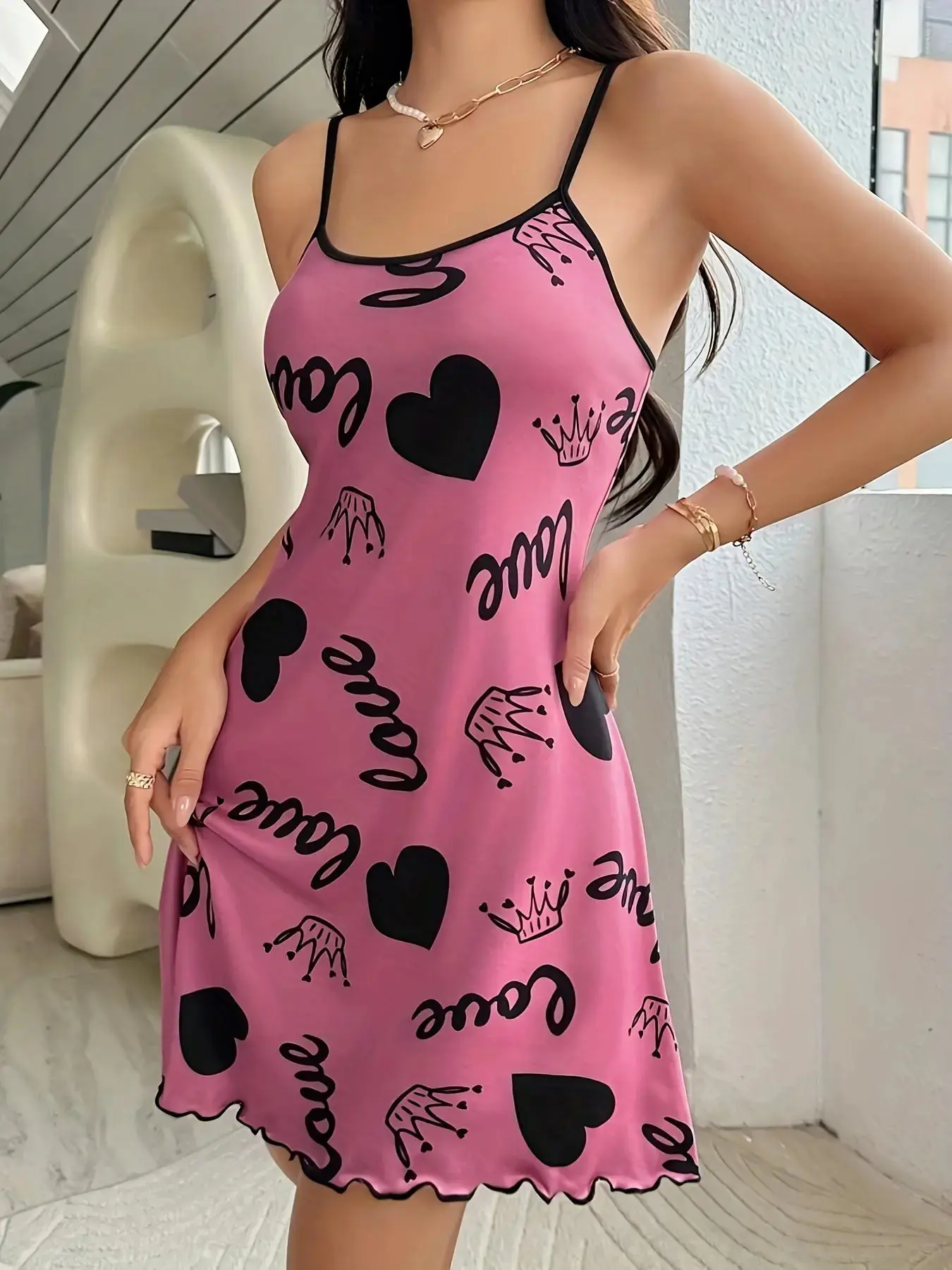 Women's Heart & Letter Print Cami Nightdress, Casual Soft Comfortable Spaghetti Strap Chemise Nightgown for All Seasons, Fashion Ladies' Sleepwear for Daily Wear, Sleeveless Nightgown, Womenswear, Chemise Nightie, Nighty Dress, Casual Nightwear