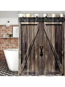 1pc Rustic Western Shower Curtain - Waterproof, Dark Brown Wooden Barn Door Design, Machine Washable, Woven Polyester Fabric With Plastic Hooks - Perfect For Bathroom Home Decoration And Adding A Touch Of Country Charm Bathroom Decor