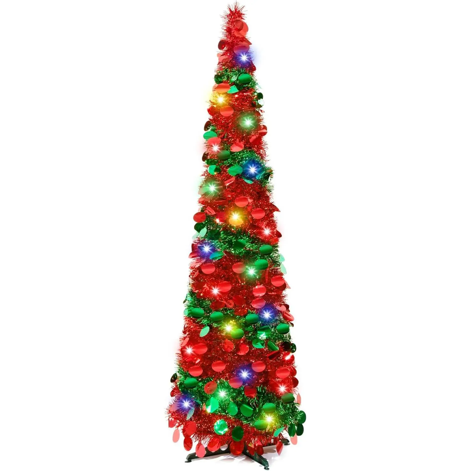 5Ft Pop Up Christmas Tree with Lights, Collapsible Pencil Tree Red Green, Skinny Christmas Tree Slim Xmas Tree, Artificial Tinsel Tree Foldable for Home Apartment Holiday Party Winter Decor