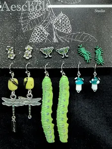 Aescholt Studio Green!? 6 Pack Earrings Featuring Unique Designs and Colorful Options Including Dragonflies and Caterpillars