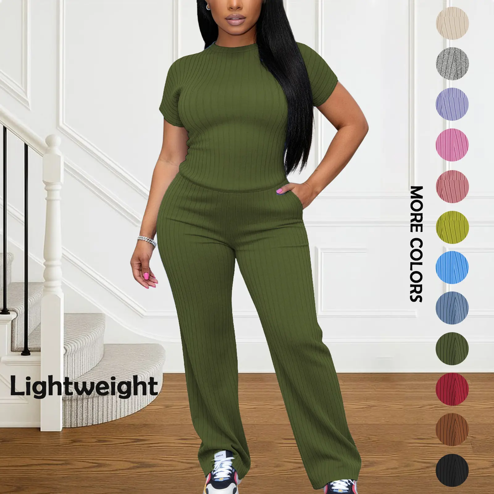 Women's All-Season Ribbed Knit Set - Thin Lightweight Fabric, Crew Neck Short Sleeve Tee & Wide Leg Pants with Pockets, Comfy for Loungewear, WFH & Weekend Casual Womenswear Clothes