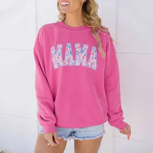 Rose Red Floral MAMA Embroidered Graphic Pullover Sweatshirt