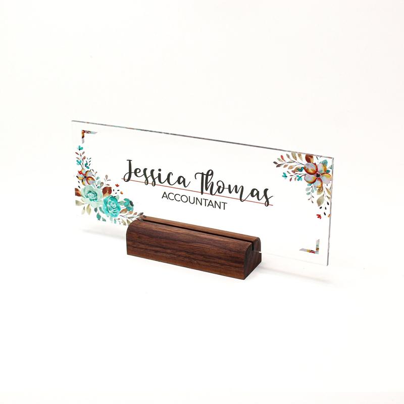 Acrylic desk Name Plate with nature ornament for office decor, gift for coworker, friend, personal sign