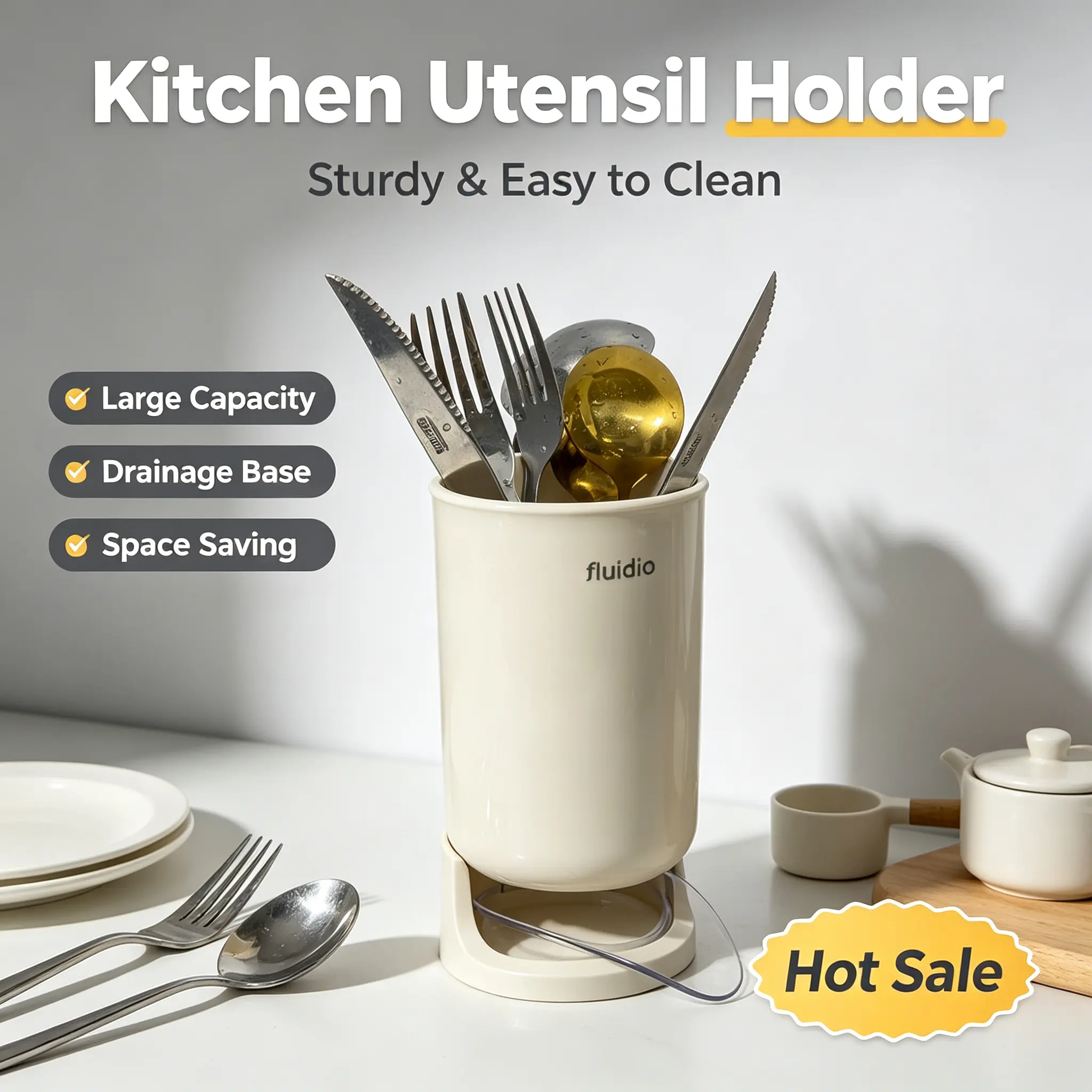 Beige Cylindrical Kitchen Rack with Drip Tray, Food-Grade PP Countertop Utensil Storage Holder with Detachable Parts & Spacious Interior, Large-Capacity Home Organizer for Spoons, Forks, Chopsticks