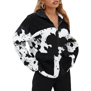 Womens 2026 Winter Cow Print Fashion Zip Up Faux Fur Sherpa Jacket Warm Fleece Oversized Outwear with Pockets