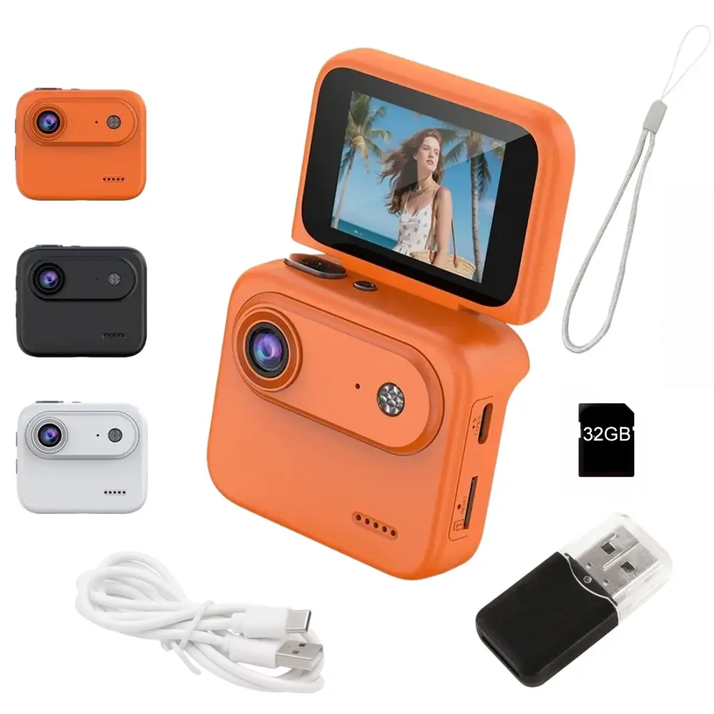1080P HD Vlog Action Camera, flip selfie screen, electronic image stabilization, wide-angle lens, portable action camera, outdoor camera, perfect for cycling, diving, motorcycle trips (includes memory card)