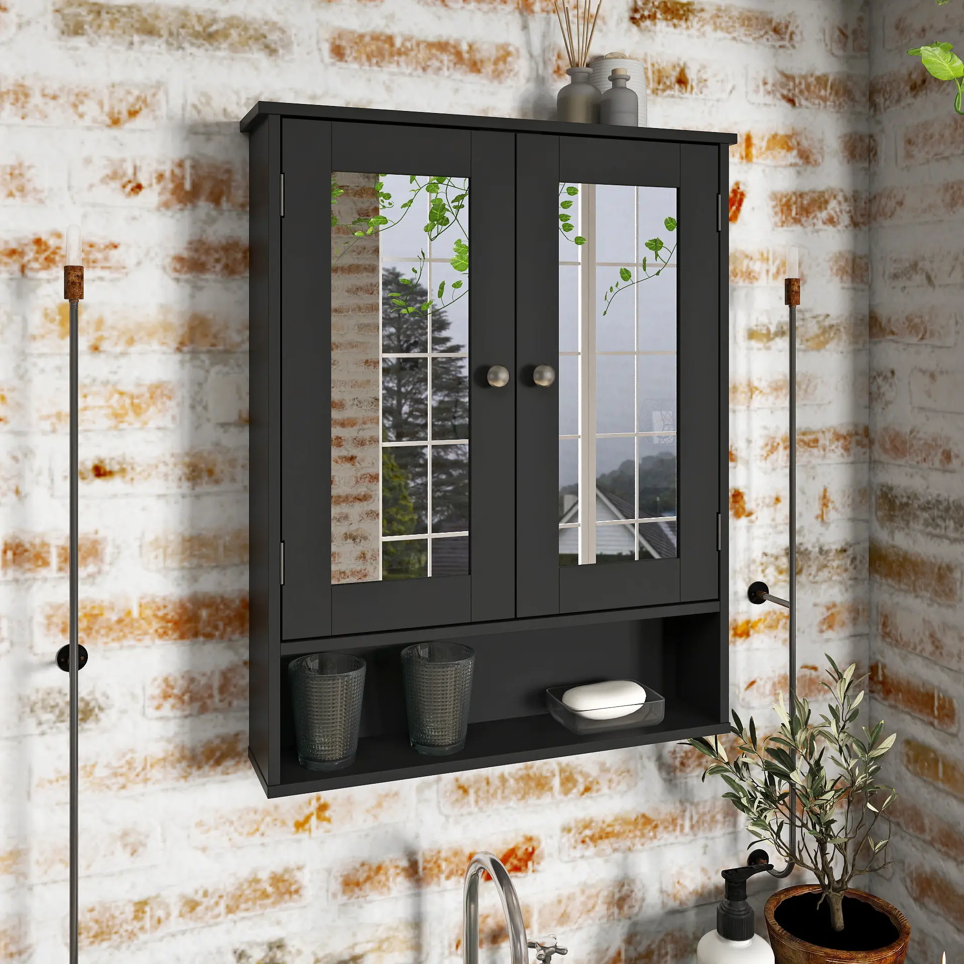 Bathroom Mirror Cabinet Wall Mounted | Adjustable Shelves & Open Shelf | Over Toilet Storage Organizer | Medicine Cabinet for Bathroom, Laundry, Hallway (White/Black）
