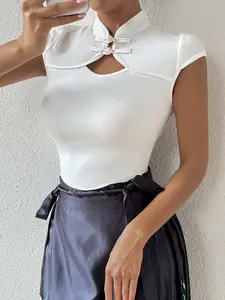 Women Collarless Short-sleeved T-shirt Solid-colored Traditional Chinese Style T-shirt Dressy Casual Clothes Spring Summer Trendy Outfits