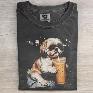 Shih Tzu Iced Coffee Lover T-shirt, Cute Dog Drinking Coffee Tee, Funny Shih Tzu Shirt, Coffee Enthusiast Shirt, Pet Lover Gift, Unisex Graphic Tee, Trendy Dog Shirt
