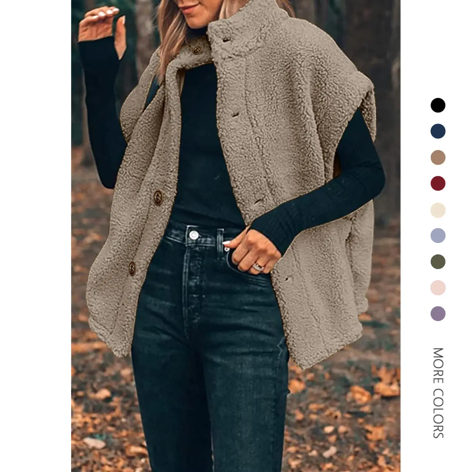 Danedvi Women's Button-Set Oversized Minimalist Fleece Vest - Loose Street Wear Casual Outerwear, Warm Sherpa Top with Side Pockets, Plain Solid Basic Design, Hand Wash Compatible, Button Set Women's Vests