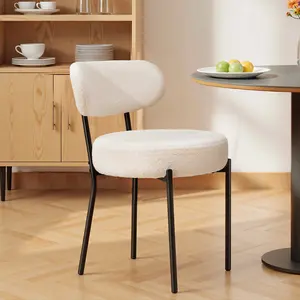 Boucle Dining Chairs Set of 2, Mid Century Modern Kitchen Chairs, Upholstered Dining Room Chairs with Curved Backrest and Black Metal Legs