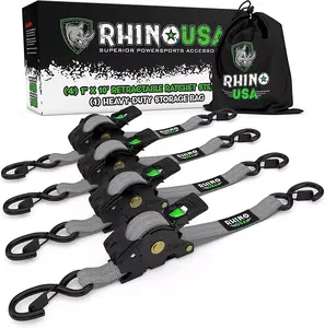 Rhino USA Retractable Ratchet Tie Down Straps (4PK) - 1,209lb Guaranteed Max Break Strength, Includes (4) Ultimate 1" x 10' Autoretract Downs with Padded Handles. Use for Boat, Securing Cargo
