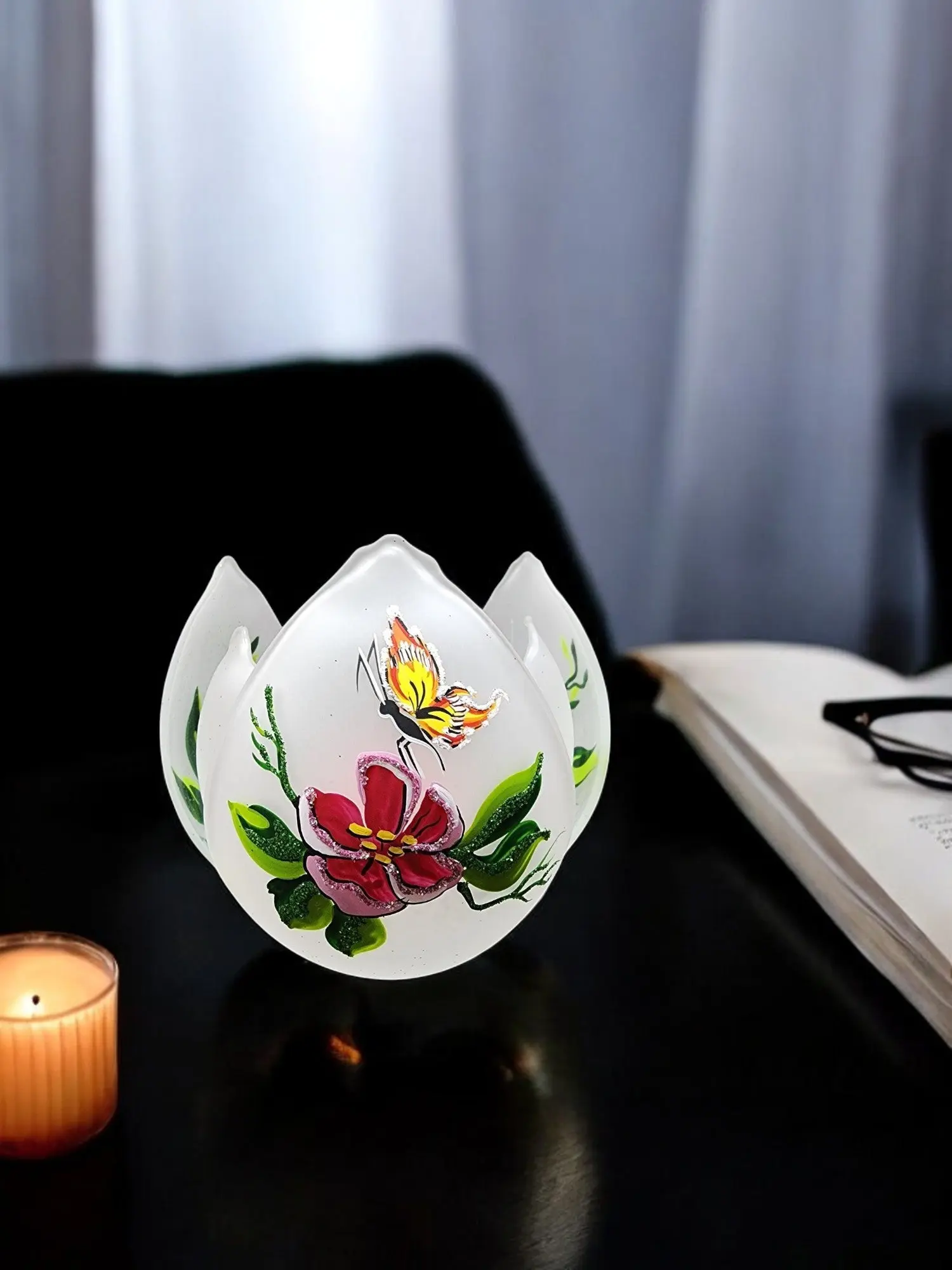 Frosted Glass Lotus Blossom Candle Holder, Hand Crafted in Ukraine, Butterfly Design, Wonderful Year Round