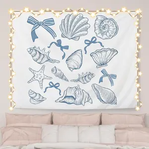 Coquette Blue Bow Seashell Ocean Beach Tapestry Wall Hanging, Preppy Beach Tapestry Decorative, Blue Coastal Wall Blanket Decor for Girls Room Dorm Apartment Bedroom, 50x60 Inch