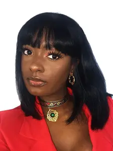 10 Inch Human Hair Fringe Bob Wig Natural Looking Short Straight Colored Wigs, Breathable Cap Bob Wigs Sleep-Friendly Short Bob Wig with Bangs for Daily