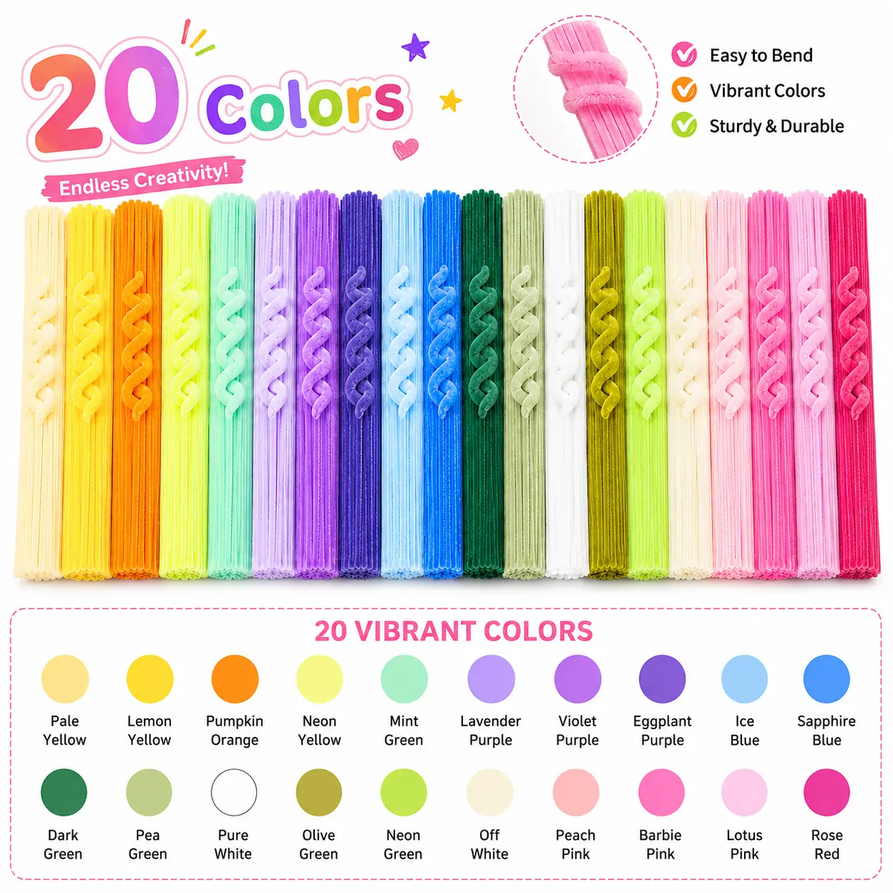 Beginner DIY Floral Craft Kit - 20-Color, 500PCS Pipe Cleaners (Chenille Stems), Floral Tape, Glue, Flower Stems for Flower Making