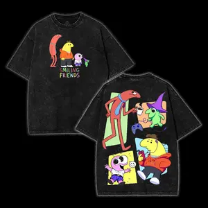 Smiling Friends Washed Cotton Shirt, Smiling Friend Ss3 Shirt, Graphic Tee, Cartoon Double Printed Vintage Washed Tee Cotton T-shirt Fabric Menswear Top Collar