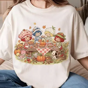 Retro Thanksgiving Strawberry Friends Cartoon Shirt, cartoon friends, funny cartoon, strawberry Christmas, strawberry shortcake merch