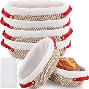 4 count 10 Inch Cotton Rope Banneton Bread Proofing Basket Set Oval Bread Baskets with Liners & Covers Proofing Baskets for Sourdough Baking with 4 Strickle for  Bakers Wife Mom(Yellow, White)