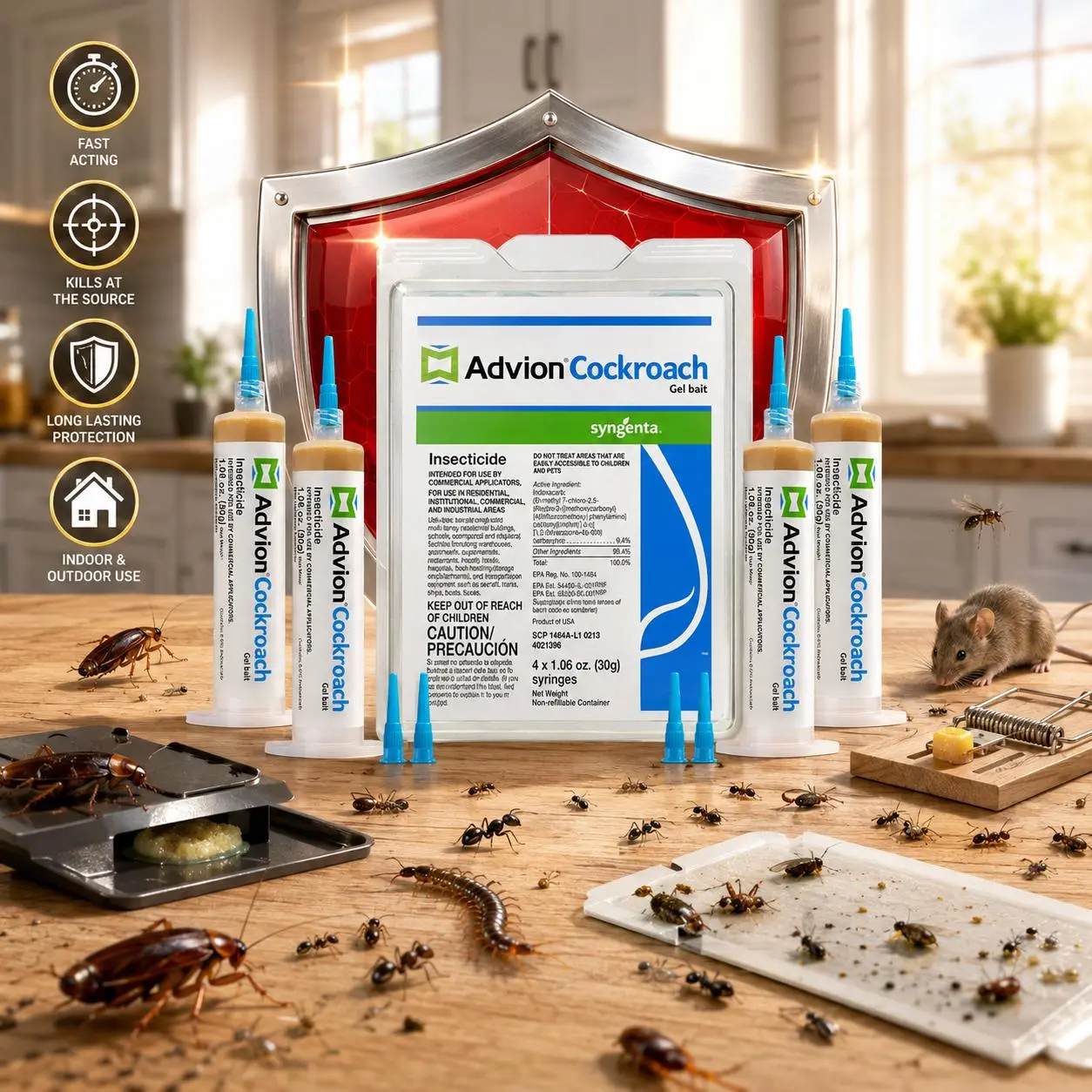 Advion Cockroach Gel Bait, 4 Tubes x 30-Grams, 1 Plunger and 2 Tips, German Roach Insect Pest Control, Indoor and Outdoor Use, Roach Killer Gel for American, German and Other Major Cockroach Species