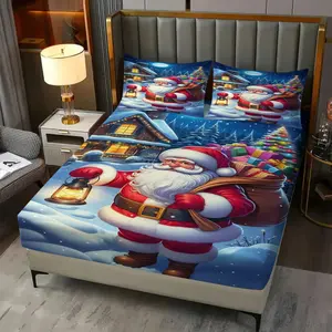 Christmas Fantasy Fitted Sheet Set (3 Pcs): Includes 1 Fitted Sheet + 2 Pillowcases (No Filler), Santa Snowman Reindeer Bedroom Bed, Christmas Themed Homestay Bed, Kids' Bed, Apartment Bed, Holiday Themed Room Bed, for Kids, Couples, Family, Friends