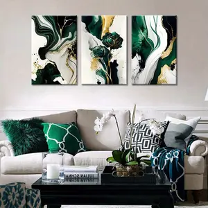 3Pcs Framed Emerald Green Wall Art, Modern Green and Golden Abstract Marble Canvas Wall Art Paintings Prints Posters Wall Decor Pictures for Living Room Bedroom Office Home Decoration, Ready to Hang