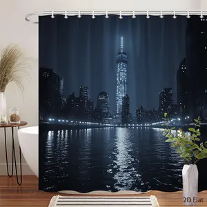 1pc Modern Skyscraper City Lights Waterproof Shower Curtain - Night View Urban Landscape Bath Curtain with Hooks, Machine Washable, 70.8"x70.8" (180x180cm) for Contemporary Bathroom Decor for bathtubs & Showers - Ideal for s &, 2D Flat