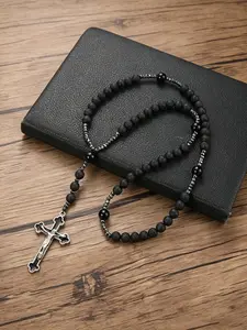 1pc Men's Retro Cross Pendant Necklace, 8mm Volcanic Stone Bead, Natural Stone Chain, Daily Wear Rosary Gift, All Seasons, Cross Medallion Pendant