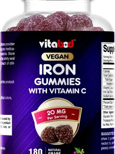 Vitabod Iron Gummies Supplement for Women, Men & Kids - 20mg - with Vitamin C - Dietary Supplement for Red Blood Cell Support, 180 Pectin Based Gummies