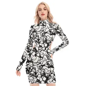 Abstract Scribble Mock-Neck Women's Waist Hollow Hip Dress - Black and White Scribble Print, Soft Stretch Fabric, Casual, Comfort Spring