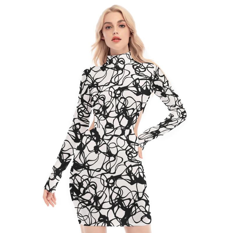 Abstract Scribble Mock-Neck Women's Waist Hollow Hip Dress - Black and White Scribble Print, Soft Stretch Fabric, Casual, Comfort Spring